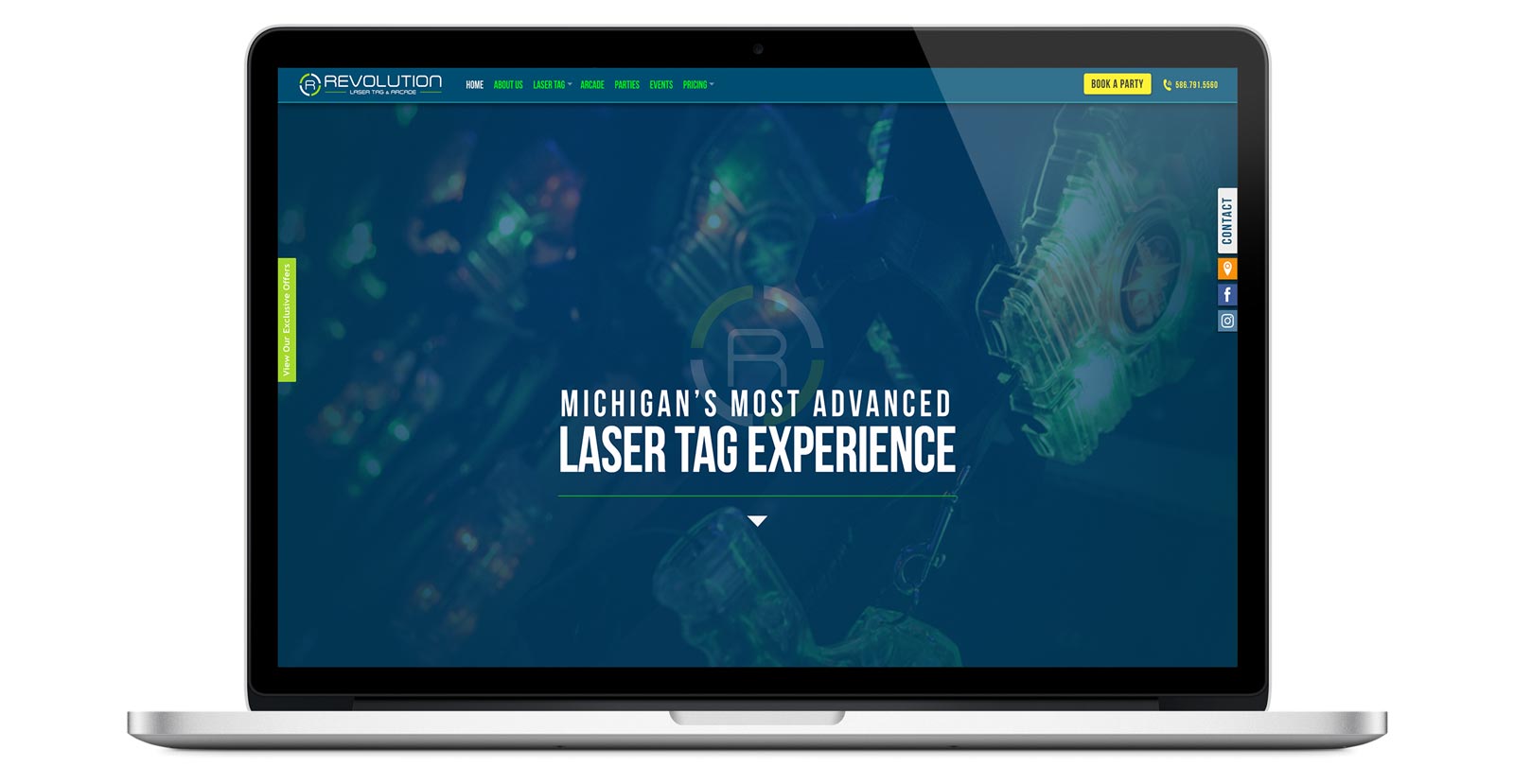 revolution laser tag website homepage on laptop