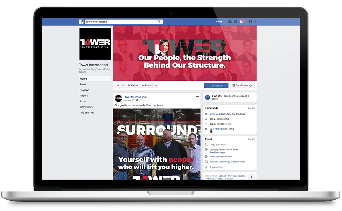 laptop view of tower international's facebook by drive creative